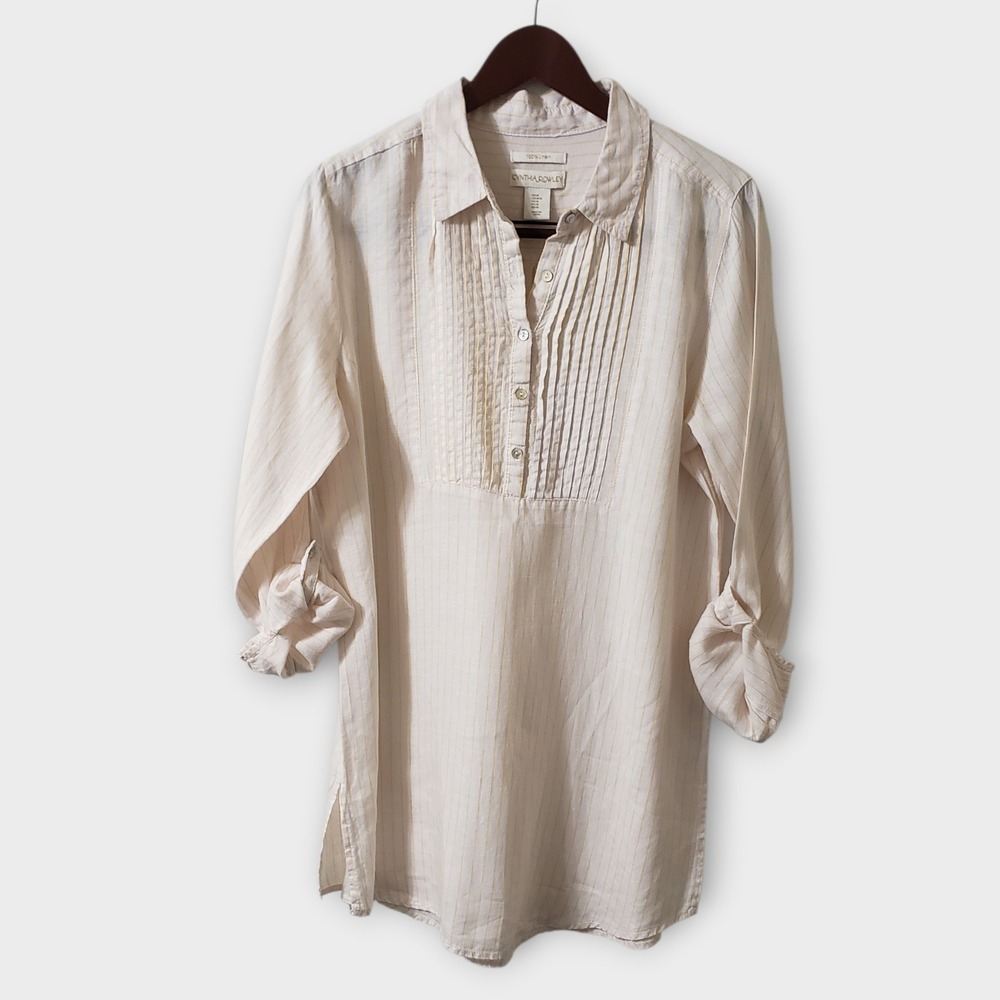 Cynthia‎ Rowley 100% Linen Pintuck Tunic Shirt Yellow Pinstripe Womens Medium